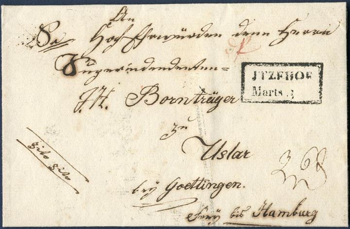 Letter sheet from Itzehoe 3 March 1822 to Uslar near Göttingen, Germany. Boxed – ITZEHOE Marts 3 – struck on front. Instruction to the post: cito cito, for express service. 