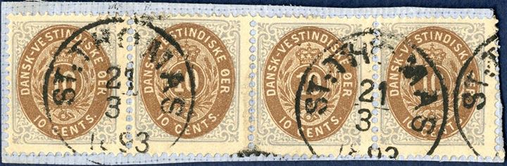 10 cents V. printing, two pairs cancelled with St. Thomas CDS 21.3.1893.