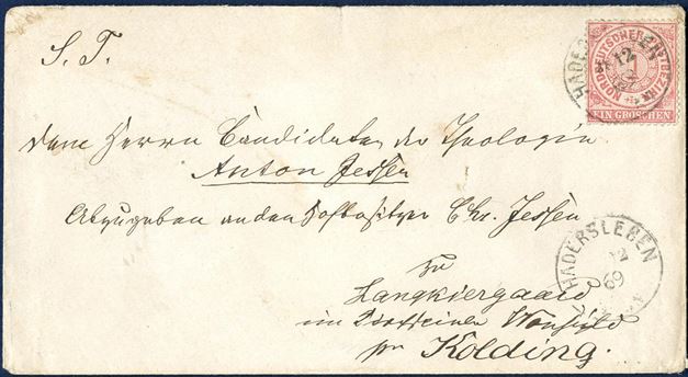 Border rate letter sent from Hadersleben to Langekiergaard, Vonsild south of Kolding, 28 December 1869, bearing a single NDP 1Gr. perforated tied by PER Io (DAKA 58.12). RARE.