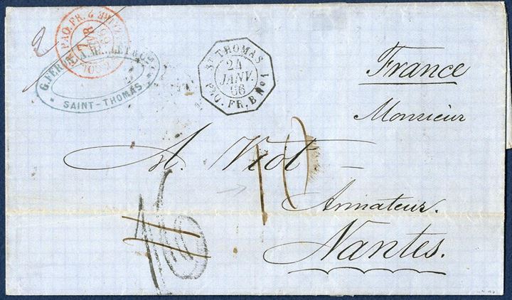 Unpaid letter sent from St. Thomas to Nantes 24 January 1866 by French line B via St. Nazaire. Stamped French Octagonal “ST. THOMAS - PAQ. FR. B No. 1” and two-ring “COL. FR. PAQ. Fr. - 2 ST. NAZAIRE 2” in red. Erroneously stamped manuscript due mark “16” decimes and corrected to 10 decimes. In January 1866 the weight and rate changed from 7,5 grms to 10 grams per letter, and increased from 80 centimes to 100 centimes (10 decimes). Interesting letter.