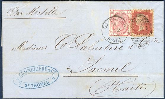 Entire letter sent from St. Thomas to Jacmel Haiti 2 July 1874 through the British Post office, bearing a 3d and 1d tied by Duplex C51 St. Thomas A and by steamer endorsed Par Moselle
