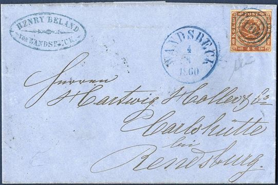 Letter sheet sent from Wandsbeck to Carlshütte near Rendsburg 4 August 1860 bearing a 4 sk. 1858 wavy-line issue tied by numeral “146” in blue ink as well as CDS “Wandsbeck 4/8 1860” also in blue. Very scarce on letter and in excellent quality of the postmarks.