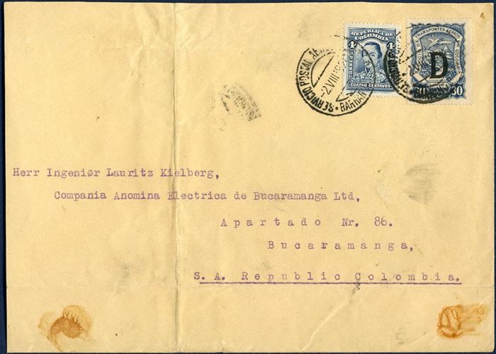 SCADTA letter sent from Copenhagen to Bucaramanga in Columbia 2 August 1927, bearing 30c SCADTA Denmark overprint “D” and a single 4 Centavos on large letter that has been cut down at left. Unusual single mixed franking.