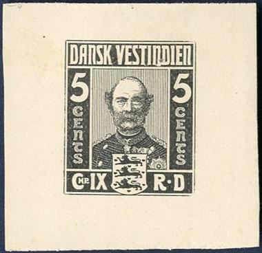 King Christian IX, imperforate colour essay, black colour with wide margins, with gum. Considered to be the work of Alfred Jacobsen.