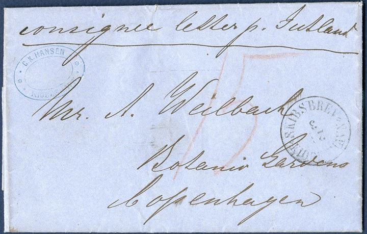 Letter privately carried on board the steamer “Jutland” to Copenhagen from Hull 19 March 1863. The “Consignee letter p. Jutland” then handled by the shipping agent “C. K. Hansen” and handed over to for postal service. The post stamped the letter “SKIBSBREV - KIØBENHAVN”, charged with 15 sk. in red crayon. The postage calculated as 9 sk. for a ship letter and then 6 sk. fee to the ship. Rare.