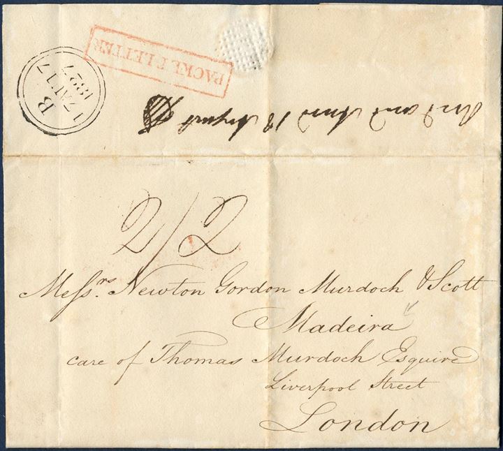 Docketed “St. Peter, St. Croix 2 July 1827” to Madeira care of Thomas Murdoch Esq, London. Struck boxed “PACKET LETTER” in red, London 2-ring “B / 17 AU 17 / 1827” black, charged 2/2 to London by addressee for a single rate letter.