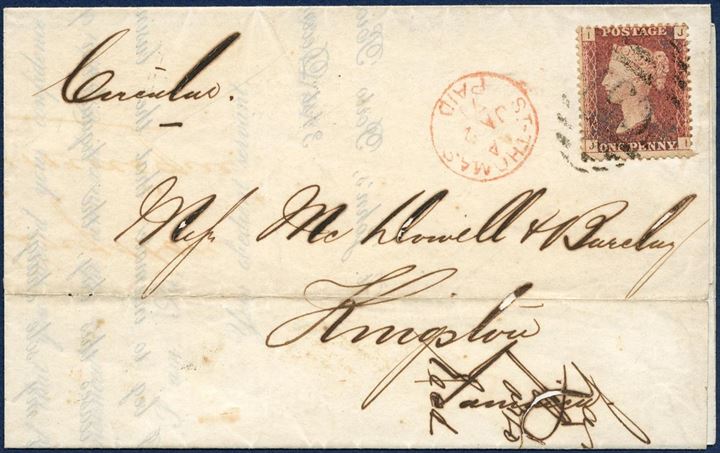 Printed circular originating St. Johns, Porto Rico 31st December 1870, posted at the British post office at St. Thomas 2 January 1871 to Kingston, Jamaica. GB 1d plate 106 tied by “C51” vertical type and datestamped “ST. THOMAS / A / JA 2 / 71 / PAID” 1-ring in red ink and with Kingston receiving mark “KINGSTON / B / JA 5 / 71 / JAMAICA” and sent onboard RMSPC “Shannon”.