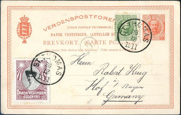 Single postal card 10 BIT King Frederik VIII St. Thomas 28. December 1911 to Hof, Germany. Uprated with 5 BIT King Frederik VIII although not necessary with a Christmas Seal from 1911. There are only two Christmas seals from DWI on stationery cards recorded.