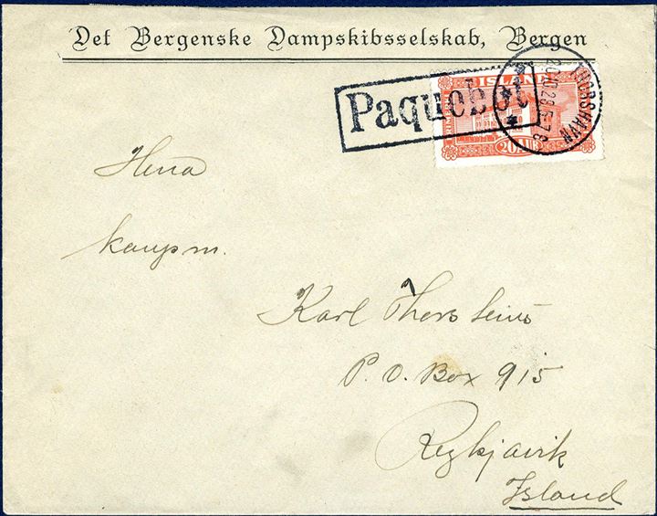 Envelope from Thorshavn 20 October 1928 to Reykjavik, Iceland bearing 20 aur red National Library tied by “THORSHAVN 20.10.28 5-7 E” CDS and boxed “PAQUEBOT” likely applied i Reykjavik on ship’s arrival.