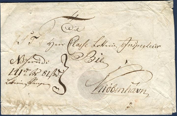 Money Letter from lottery agent Ulrikke Augusta Schytt in Ribe sent to lottery agent Bie 1801-1808, Copenhagen. Contained - NB Heruid 141 Rd: 181ßD: - closed with four red wax seals – RIBE C7 – and collectors own wax seal. Without postal notations.