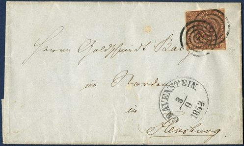 Entire from Gravenstein 3 September 1852 to Flensburg. Postage paid with a 4 RBS Ferslew printing plate I, cancelled with two strikes of mute 4-ring canceller and datestamped ANTIII-1 - GRAVENSTEIN. 3/9 1852 –, earliest date and one of only two recorded on letter with 4 RBS Ferslew.
