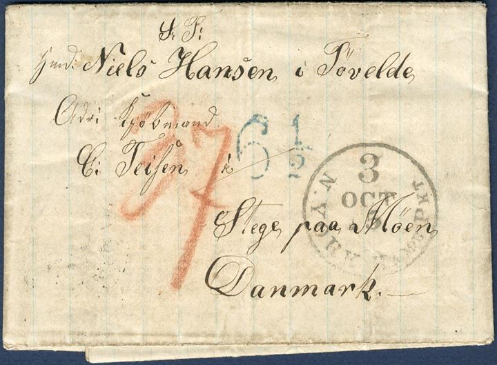 Letter sent from Panama to Stege in March 1864, stamped in NY with “N.YORK-HAMB. PKT 3 / OCT 5” convention mark “6 1/2” Sgr. mark in green, red crayon “37” sk. due by the addressee in Denmark, of which the 28 sk. is foreign share and 9 sk. to the Danish post. The 37 sk. rate was for mail from USA via Hamburg and Bremen.