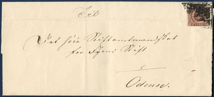 Local letter from Fyns Stiftamtsstue dated 10 July 1852 to Odense. Postage paid with 4 RBS Thiele I (envelope folded through stamp), tied and cancelled with what I believe what has happened, is that the clerk has taken the cover, flipped it over and then pressed the corner with the stamp onto the ink pad. I have never seen similar way of cancelling in the past. A most unusual method of cancellation.