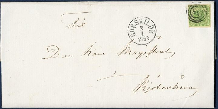 Double weight letter sent from Roeskilde 2 April 1863 to Copenhagen. Postage 8 sk. 1-2 lod, paid with 8 sk. 1857 dotted spandrels tied with numeral 58 and datestamp ANTIII ROESKILDE 2/4 1863. A most fresh and well preserved letter.