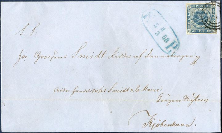 Copenhagen foot post letter to Kongens Nytorv 8 March 1858. Postage 2 sk. Copenhagen rate franked with 2 sk. 1855 dotted spandrels, plate I-99 large plate-flaw with SE-posthorn and cliché damage below SE-Mercury wand. Fine full-margined stamped tied with numeral 1 and datestamp - FP 3 8/3 58 -.