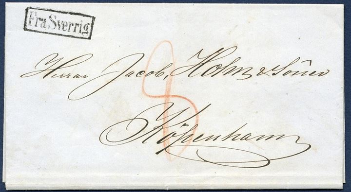 Letter from Helsingborg to Copenhagen via Helsingør 20 April 1866. On arrival in Helsingør the letter was stamped with the scarce boxed mark “Fra Sverrig” and Helsingør CDS on reverse 21.4.1866 and Copenhagen CDS same day. The postmark was ordered by the Helsingør Postoffice 3 June 1865 and apparently in use from 1 August 1865. Also the rate of 8 sk. charged was the special Øresund border rate.