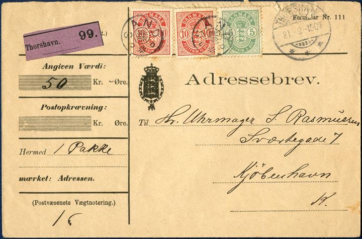 Insured Parcel from suboffice Sand via Thorshavn 21 September 1904 to Copenhagen, Denmark. Insured value 50 kr. for 1 parcel weighing 1 pound, Thorshavn. 99 purple label, two 10 øre red and 5 øre green Coat of Arms issue tied collecting office star-cancel SAND alongside Swiss-type THORSHAVN 21.-9.-1904 with Copenhagen receiving mark 29 September 1904 on reverse. 