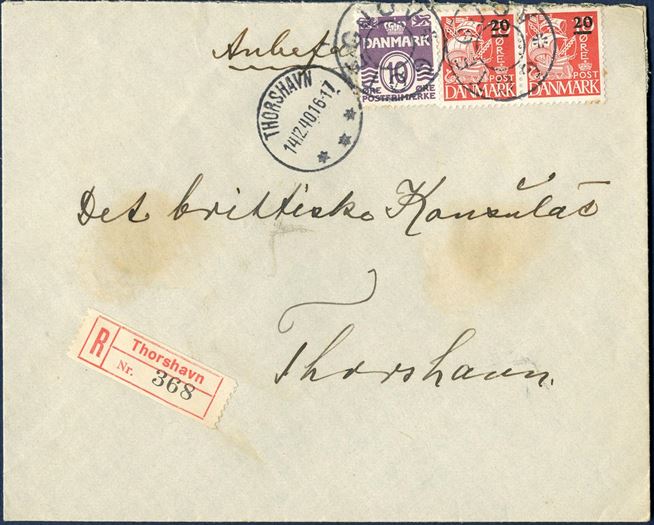 Registered letter sent to the British Consulate at Thorshavn with “Radio-Hilsen” 14. December 1940 from GØTEGJOV, with collecting office star-removed cancel GØTEGJOV and receiving mark THORSHAVN 14.12.1940 16-17 and registration label Thorshavn 368. This year only, BBC had agreed to broadcast Christmas Greetings to relatives in Denmark. The fee was 5 Kr. - and should be sent to the British Consulate and this letter contained a note of 5 Kr. Letter rate 20 øre plus 30 øre registration fee.