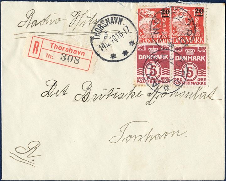 Registered letter sent to the British Consulate at Thorshavn with “Radio-Hilsen” 14. December 1940 from Andefjord, with collecting office star-removed cancel ANDEFJORD and receiving mark THORSHAVN 14.12.1940 16-17 and registration label Thorshavn 308. Envelope with the note RADIO HILSEN, this year only, BBC had agreed to broadcast Christmas Greetings to relatives in Denmark. The fee was 5 Kr. - and should be sent to the British Consulate and this letter contained a note of 5 Kr. Letter rate 20 øre plus 30 øre registration fee.