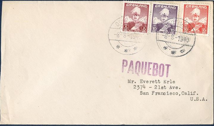 Letter from Godthaab 8 August 1940 to San Francisco, USA. King Christian X 5 øre, 10 øre and 15 øre tied by CDS GODTHAAB –8-8-1940 and on arrival in US, a straight line cancel ”PAQUEBOT struck on front. 30 øre was the rate to US and Canada during WWII, from July 1940 until May 1945 for letters under 20 gram.