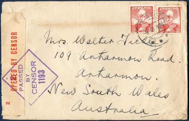 Letter from Ivigtut 8 October 1941 to New South Wales, Australia. Two 15 øre King Christian X tied by IVIGTUT 8.10.1941, Australian resealing tape Opened by Censor 2 and boxed censor stamp 2 / PASSED BY CENSOR 1193. Sent by a Mr. Zielke from San Francisco. Mail from Greenland via US was not censored at this time prior to Pearl Harbor attack December 1941.