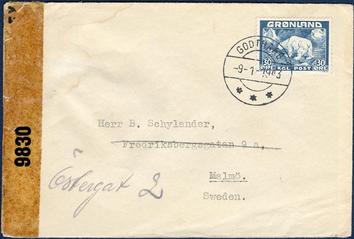 Letter from Godthaab -9-1-1943 to Malmö, Sweden. 30 øre Polar Bear tied by GODTHAAB 9-1-1943 and opened by US censorship, and transparent resealing tape EXAMINED BY CENSOR 9830, no other censor marks. 30 øre postage  to foreign destinations remained the rate during WWII, although the rate actually were increased to 40 øre, but only few were aware of the rate hike.