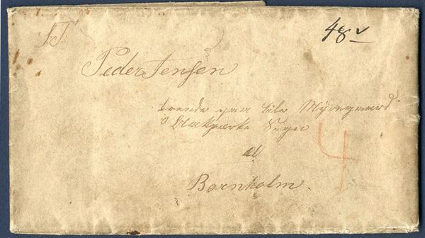 Letter sent from Buenos Aires to Bornholm November 1846 via Hamburg. Hamburg Schiffspost transit mark on reverse. List number 1-13/35, total charge of 48 sk. and 4 sk. rural carrier fee, all together 52 sk. due by the addressee. Extremely scarce and early letter from overseas to Bornholm. 