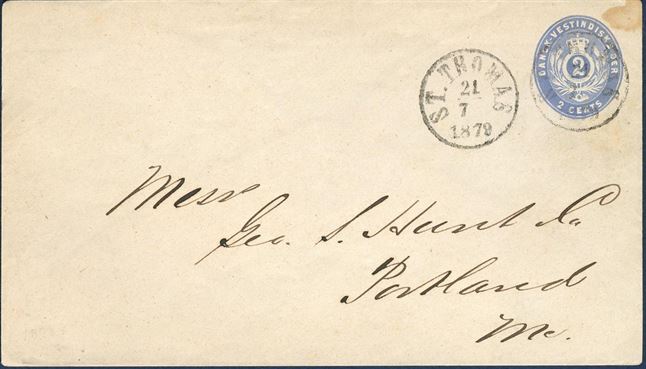 2¢ ultramarine shade stationery envelope sent from St. Thomas 21 July 1879 to Portland, USA. With watermark IA, thin paper and ungummed flap. Carried onbard Brazil Lin’es COLORADO, first of three charters replacing regular sailings of USBMSC CITY ships. Small stain at top right outside the imprint. Eight 2¢ ultramarine stationery envelopes in used condition are recorded.