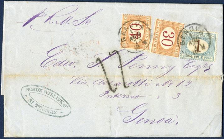Unpaid single weight letter docketed St. Thomas 12. July 1873 to Genova, Italy. With RMS ELBE to London, then forwarded to Italy in the closed mails through France. Upon arrival in Genova, a collection of 17 decimi was required to pay the Italian internal postage, included the 14½ decimi fee to England. Under terms of the Anglo-Italian Convention, the postage due to Great Britain was a combination of the 1 sh. (12 decimi) per ¼ ounce British transatlantic packet service and transit fee to France, plus the 1 Franc per 30 gram (25c per 7½ gram) closed mail transit fee through France to Italy, for a total of 14½ decimi. Added to this amount was 20 centisimi per 7½ gram Italian internal postage, and the total was rounded up to 17 decimi.