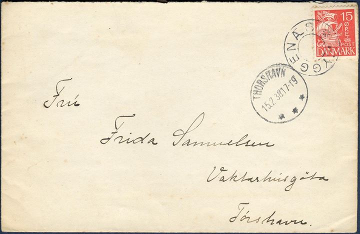Letter sent from Myggenæs to Thorshavn, bearing a 15 øre Caravel issue tied by removed star cancel “MYGGENÆS” alongside CDS “THORSHAVN 15.2.38”, DAKA 36.02.