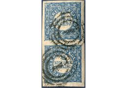 Thiele 2 Rigsbankskilling type 2 disjoined foot in pair, plate I type 10 & 2, pos. 48-58 with black numeral 1 cancellation. Clearly visible disjoined foot in pair with huge margins.