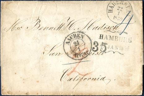 Unpaid letter sent from Haderslev to San Francisco in transit through Hamburg and stamped Aachen two-ring “Aachen 10 Cts. 24/1” to credit the US post, and NY arrival stamp on back and “35” cents due by the addressee. Rare letter to California from Sønderjylland.