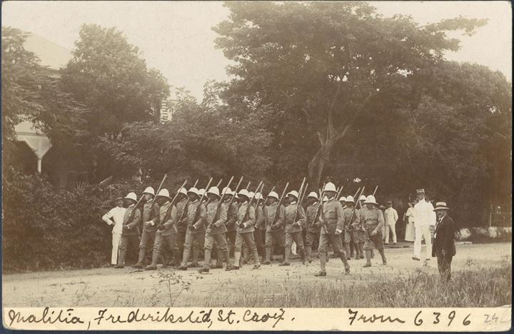 5 BIT King Frederik VIII stationery card from Frederiksted 2 February 1910 to Mannheim, Germany. On back a photo tied with marching soldiers in Fredriksted. Photo’s affixed on cards are quite unusual. Engström PC13 – FG4E, nick in foot of E in BREVKORT.