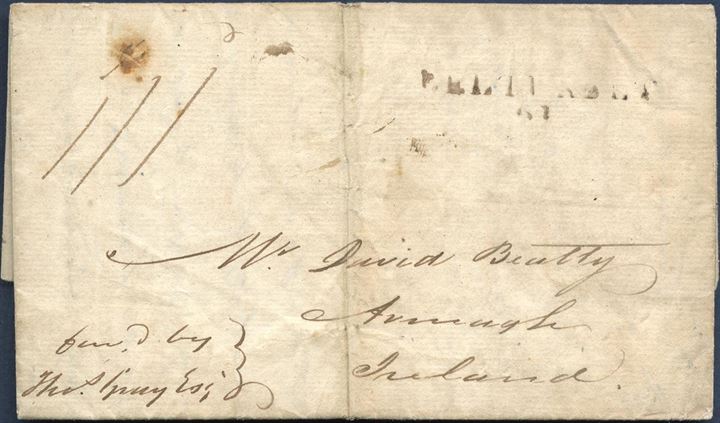 Entire letter sheet dated St. Croix 24 October 1819 to Armagh, Ireland. Charged 1/1 and stamped BELLMULLET on arrival, scarce landing location on mail from Danish West Indies.