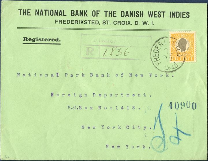Registered envelope Frederiksted 7 October 1915 to New York, USA. 50 BIT King Christian IX tied by CDS “FREDERIKSTED 7/10 1915”, registration mark “Frederiksted / R / 1836” 9. Registration fee 25 BIT, UPU rate 25 BIT from 1.10.1910 – 31.3.1917, correct franking.