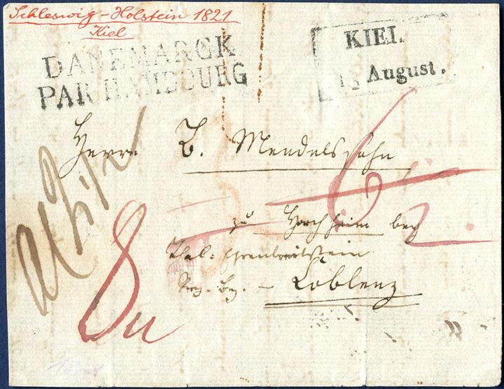 Letter (front) sent from Kiel to Coblenz 13 August 1821 stamped with the boxed “KIEL” and the only recorded example of this postmark. Known for many years and certainly among the most wanted Danish postmarks used in the Duchy of Holstein.