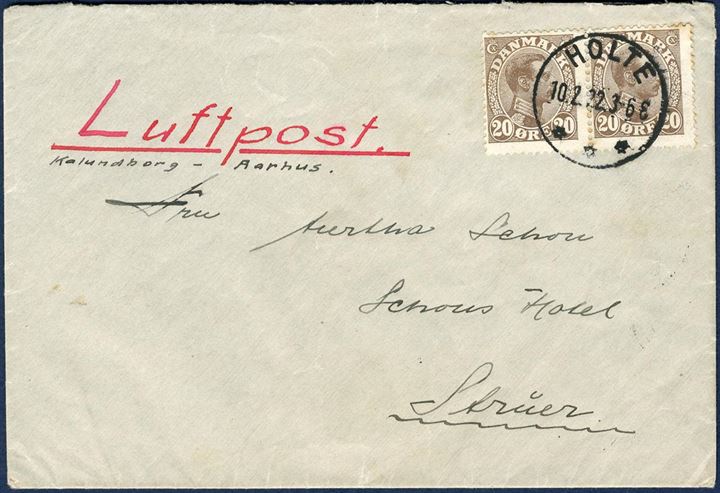 Air Mail service erected due to frozen waters. Letter sent from Holte to Struer 10 February 1922 bearing two 20 øre Christian X issue, paying 20 øre letter rate and 20 øre Air Mail charge. The plane flew between Aarhus-Samsø and Kalundborg. The Air Force established a tent camp at Gisseløre near Kalundborg and an  “Airport” was made directly on the ice.