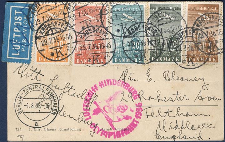 Postcard sent from Copenhagen to Middlesex 29 September 1936 via Berlin aboard the Hindburg “OLYMPIADEFAHRT 1936” - bearing a complete set of the Airmail stamps. The Olympic flight rarely found with Danish stamps.