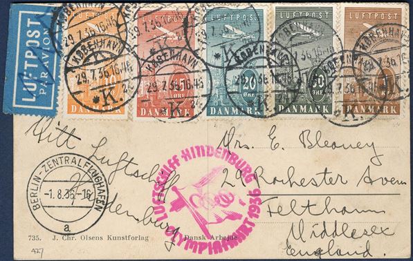 Postcard sent from Copenhagen to Middlesex 29 September 1936 via Berlin aboard the Hindburg “OLYMPIADEFAHRT 1936” - bearing a complete set of the Airmail stamps. The Olympic flight rarely found with Danish stamps.