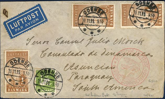 Airmail letter sent from Odense to Paraguay 19 November 1935 bearing 5 øre HC Andersen and three 1 kr. Airmail stamp tied by Odense CDS. This flight from Africa to South America is aboard the 2nd pendular flight. A short time in November 1935 the ship was taken ashore for repairs and flights was carried out by a Zeppeliner across the Atlantic sea.