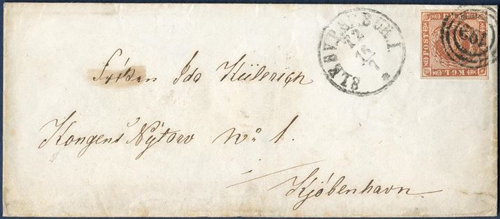 Letter bearing a 4 sk. 1858 wavy-line spandrels tied by numeral 192 “Slesvigske Bureau” alongside “SLESV.P.SP.BUR. I T2 15/7” CDS, sent Copenhagen, rarely seen cancellation.
