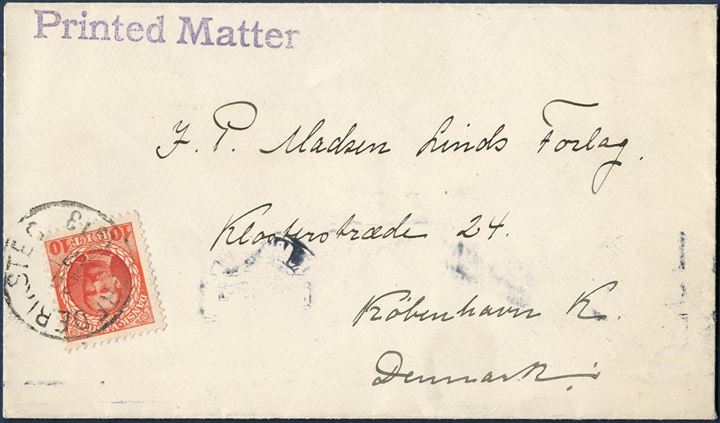 Double rate printed matter sent from Frederiksted to Copenhagen 29 December 1913 bearing a 10 BIT King Frederik VIII red tied by “Frederiksted” CDS and office cancel stamped on front “PRINTED MATTER”. Printed matters are scarce in this form from Danish West Indies.