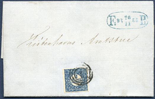 Copenhagen foot-post cover franked with single Thiele 2 Rigsbankskilling type 5, plate I pos. 75. Fine margins and nicely tied by numral 1. Also blue, oval F P mark 26.11.1855. A most unusual and a most harmonious cover.