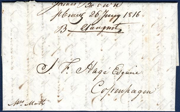 Privately conveyed entire St. Croix 26 June 1816 to Copenhagen, Denmark. British Packet’s resumed service from St. Thomas in early 1817, this letter sent with Mm. Mothy and endorsed ‘Mm. Mothy’. She was accompanying three children back to Denmark onboard of the ship ‘Europa’ under the command of Capt. Bödker. Any letter’s from DWI to Denmark prior to 1840’ies is almost unrecorded.