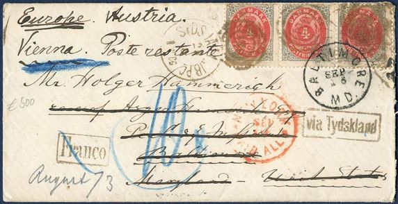 Transatlantic letter from Copenhagen to Baltimore Maryland August 25, 1873 and then forwarded poste restante to Vienna in Austria. Transit marks New York, Baltimore and Vienna. Boxed “Via Tydskland”. Despite some small perforation faults, this is a very unusual transatlantic letter.