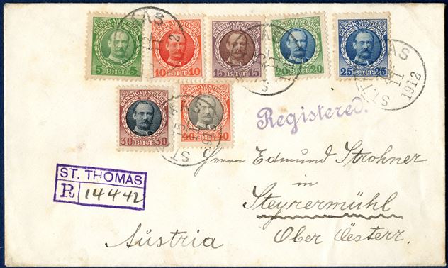Registered letter from St. Thomas 15 November 1912 to Steyrermühl, Austria. Franked with the entire set of King Frederik VIII issue except for the 50 BIT, overfranked.