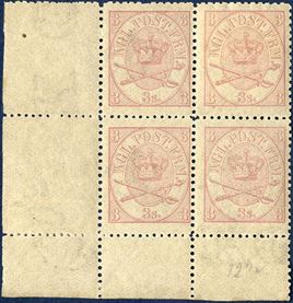 Corner margin block 3 sk. 1870 line-perforation 12 1/2 with three stamps mint never hinged and in very fresh condition. AFA value DKK 27,500