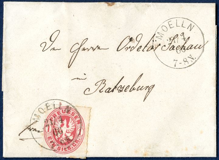 Letter sheet from Moelln 21 April 1868 to Ratzeburg, Duchy of Lauenburg. A Prussian Ein Silb. Gr. red adhesive tied by ‘MOELLN 21/4 66 7-8N.’, has been used in payment for the letter rate, the use of Prussian stamps in Lauenburg is known and rarely seen. A small and attracive quality of the use of a foreign stamp in the Duchy of Lauenburg.