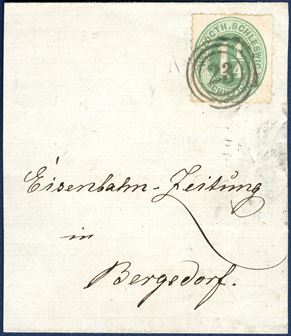 Wrapper band sent from Hadersleben 7 July 1864 to Bergedorf, Hamburg. Herzogth.Schleswig 1¼ Schilling green tied by Danish 3-ring numeral ‘23’ Haderslev with half-ring cds ‘BREGEDORF 8.7’. The letter rate for wrapper band until 4 lod was 1¼ Sch.Ct., a very rare wrapperband sent from Sønderjylland in superb quality.