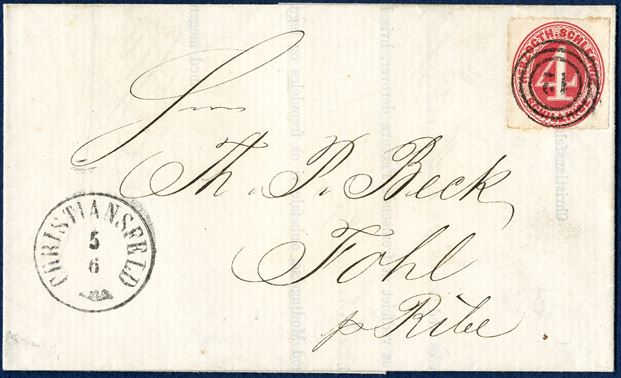 Letter sent from Christiansfeld 5 June 1864 to Fole, a few km North West of Gram. HERZOGTH.SCHLESWIG 4 Schillinge red tied by Danish 3-ring numeral ‘12’, datestamped Danish Antiqua VI ‘CHRISTIANSFELD 5/6’, backstamped transit Prussian 2-ring ‘HADERSLEBEN 6/6 64 7-8V’ and Danish cds ‘RIBE 7/6 7-9Fo.’ receiving cds before being sent to Fole, on the road to Gram, nearer Gram than Ribe.